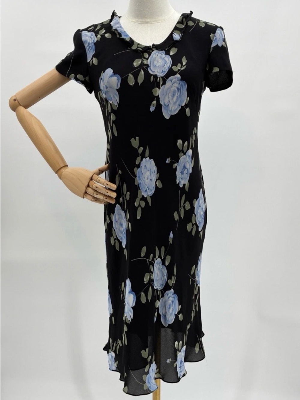 Talbots Petites Y2K Silk Floral Ruffle Neck Lined Sheath Midi Dress Size 2